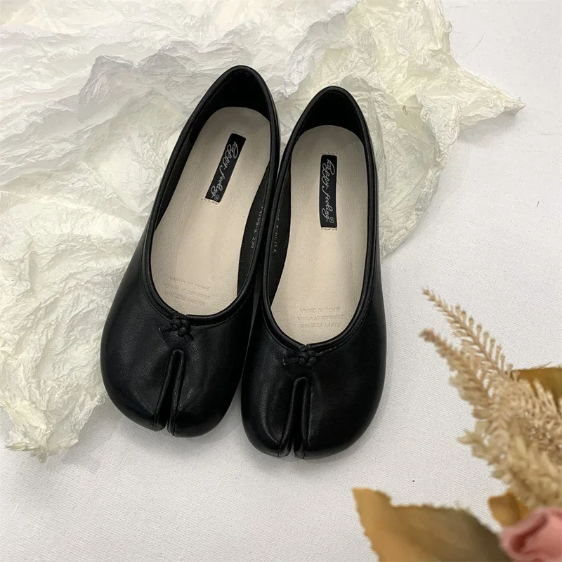 Women Black Tabi Ninja Shoes Woman Microfiber Leather Comfy Flats Split Toe Slippers Soft Bottom Loafers Ladies Moccasins 35-40