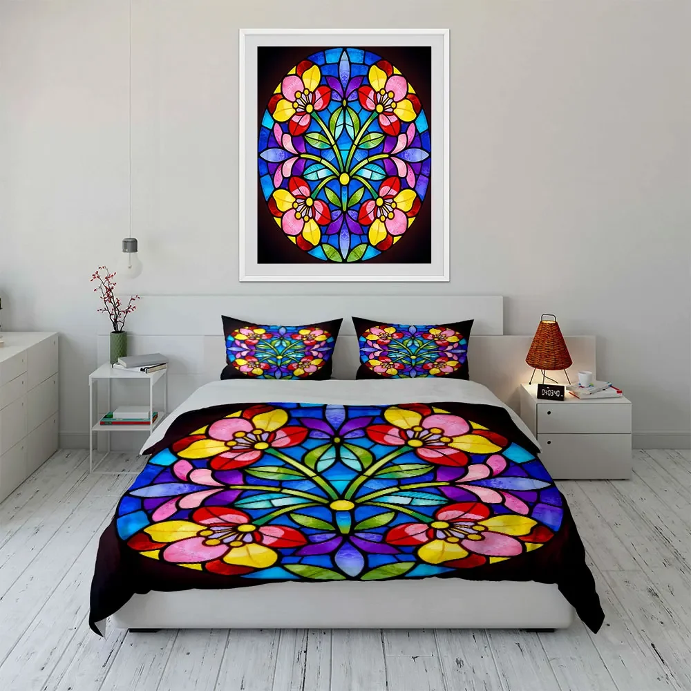 Colorful Floral Glass Art Set Soft Comfortable Duvet Cover Bedding Set Included 1*Duvet Cover & 2*Pillowcases, gift