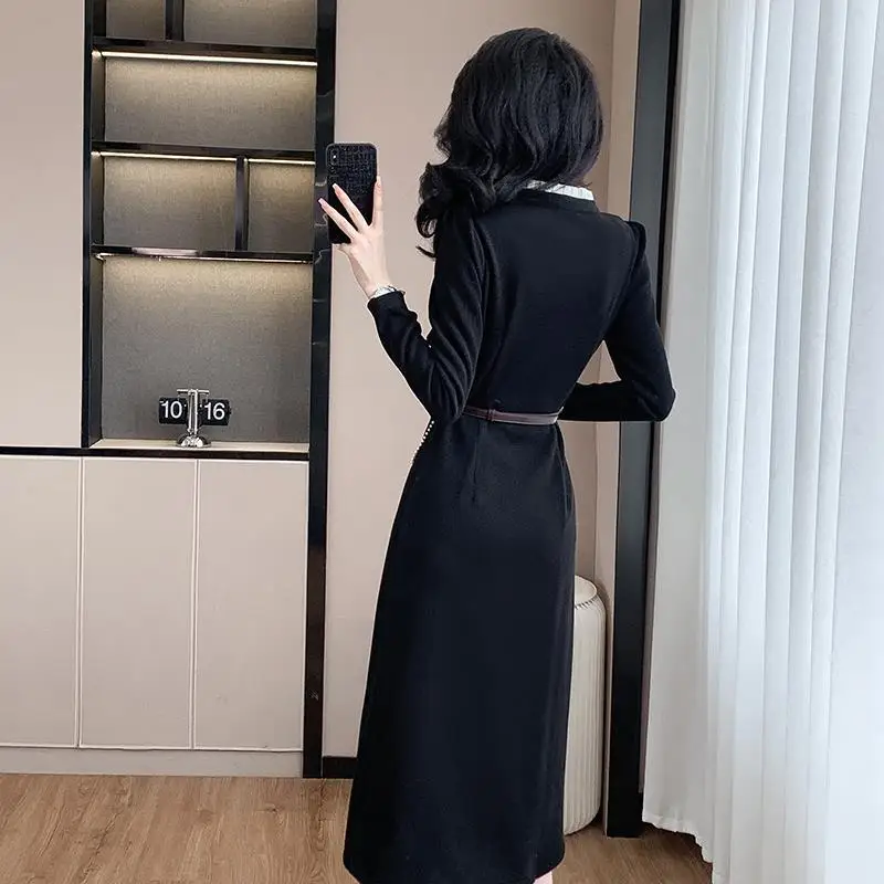 Vestido Base negro de manga larga para ir al trabajo con cuello redondo de alta calidad para mujer Otoño Invierno