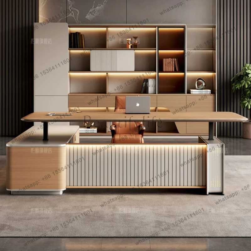 Dual-Motor Silent Electric Height Adjustable Executive Desk L-Shaped Boss Table with Vertical Fluted Storage Pedestal furniture