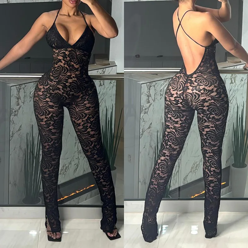 

Lace See Through Spaghetti Strap Jumpsuit 2024 Summer Fashion Sexy Deep V Neck Backless High Strecth Overall Party Clubwear