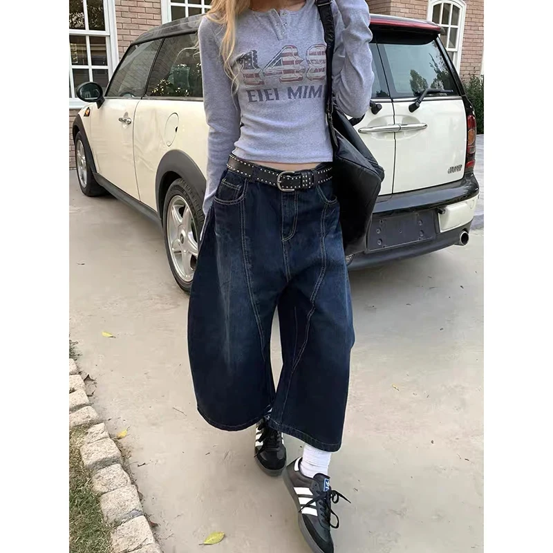 Pantaloni in denim larghi a gamba larga retrò blu scuro Y2K anni 2000 Jeans larghi a vita alta da donna Estate coreana Taglie forti Abbigliamento donna