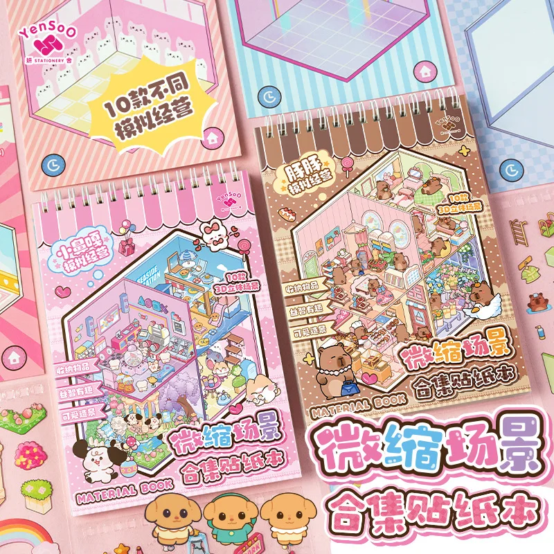 10in1 Cartoon Landscape Sticker Book Cabin 2D Scene DIY Sticker Collection Festival Birthday Gift Present for Kid Child