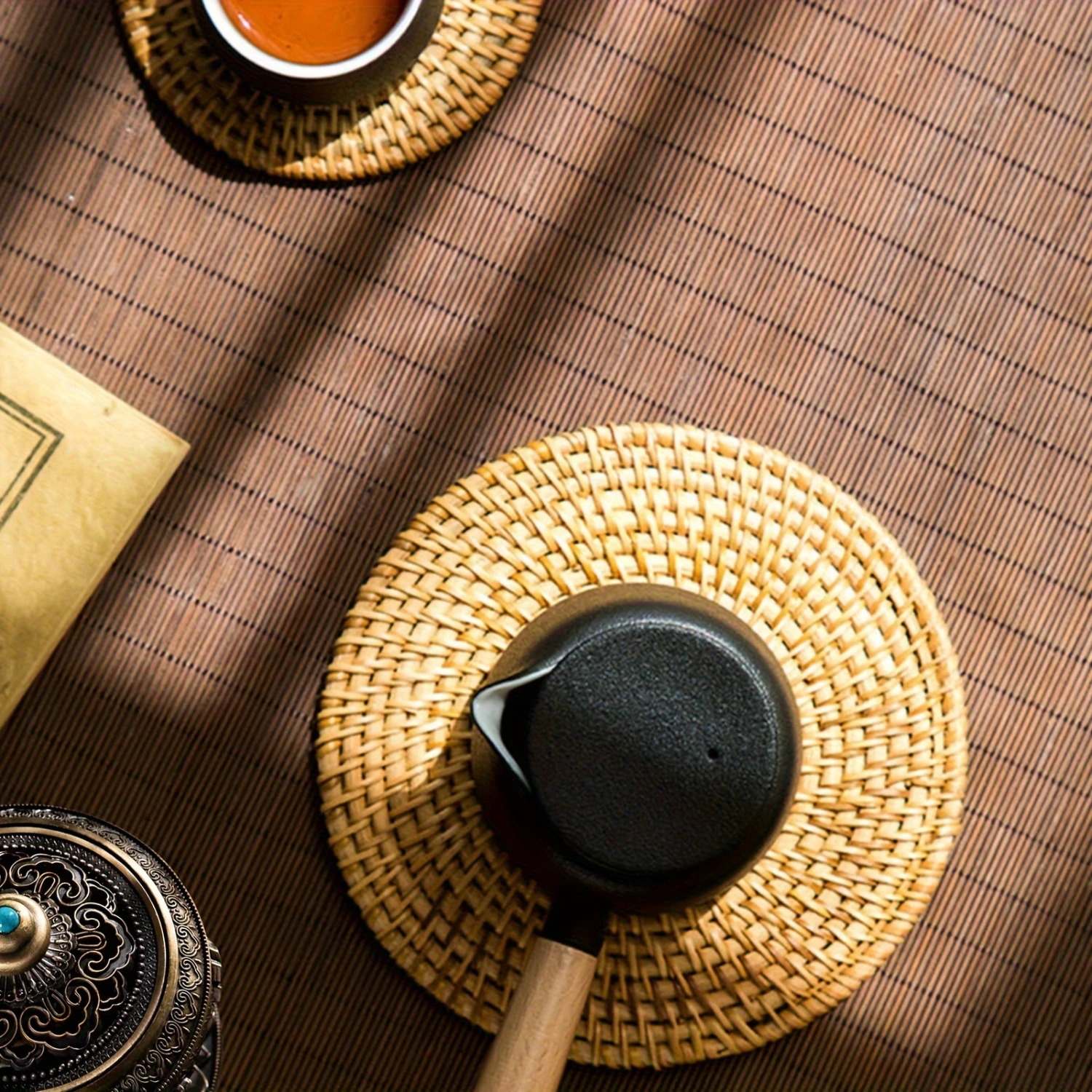 6-Piece Set Bamboo Round Handwoven Trivet & Underliner Coasters with Protective Cover - Heat Resistant Mats for Hot Pots, Pans, 