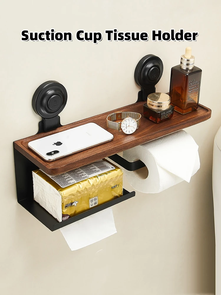 Extended Toilet Paper Holder Strong Suction Cup Metal Tissue Holder Walnut Wood Toilet Paper Box Storage Rack Toilet Roll Holder