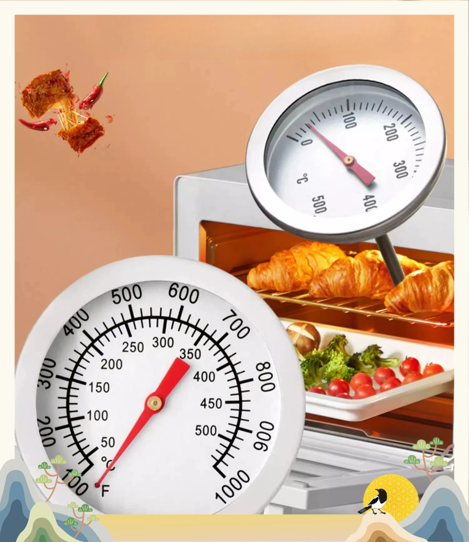 Stainless Steel Barbecue Oven Pointer Thermometer Commercial Hanging Oven Roast Duck Oven Temperature Meter Household