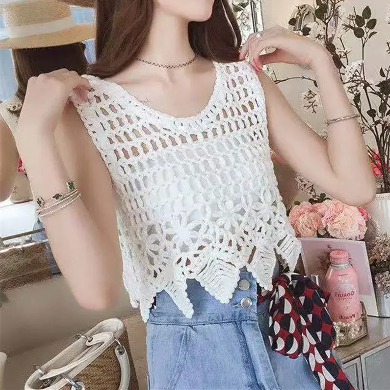 

Women Summer Crochet Sleeveless Vest Waistcoat Female Hollow Out Knit Pattern Solid Color Cardigan Beach Cover Up Tops Camis G44