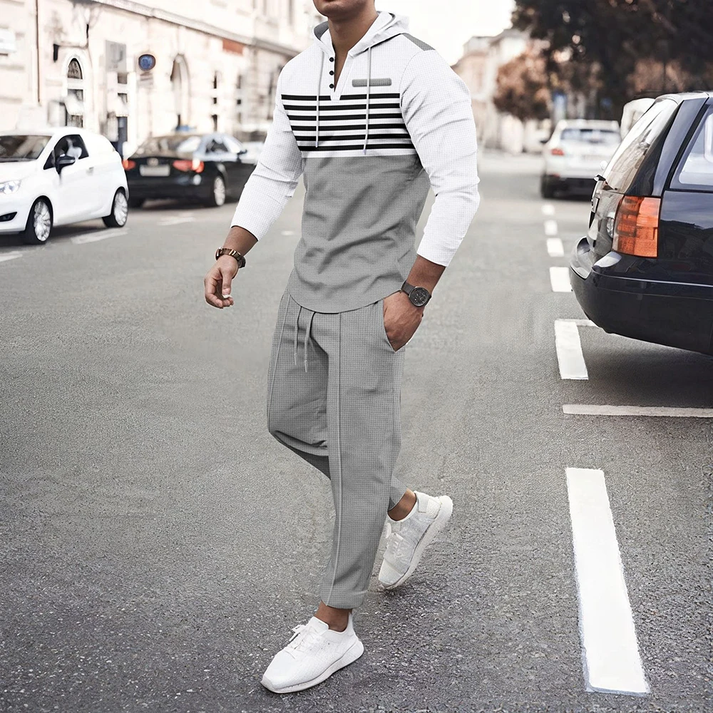 Mens Casual Suit American Street Fashion Trend Autumn And Winter Hooded Striped Long-Sleeved Sweatshirt Trousers Two-Piece Suit