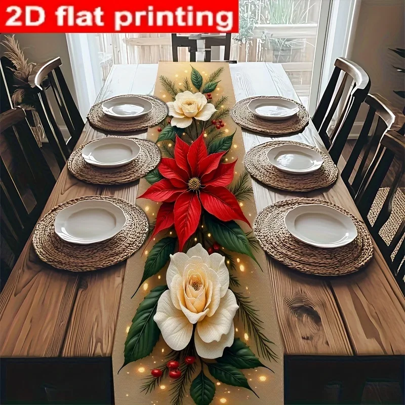1-teiliger Weihnachtskranz-Tischläufer, verziert mit Tannennadeln und frischen Blumen, perfekt für eine festliche Tischdekoration