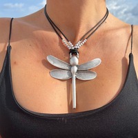 Vintage Ethnic Style Metal Exaggerated Dragonfly Pendant Women's Necklace Creative Bohemian Leather Cord Necklace Jewelry Gifts