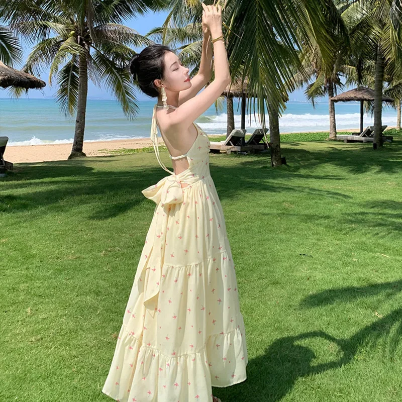 2024 New Women Backless Beach Luxury Designer Dress Summer Bow Tie Strappy Yellow Vacation Female Y2K Birthday Long Sundress