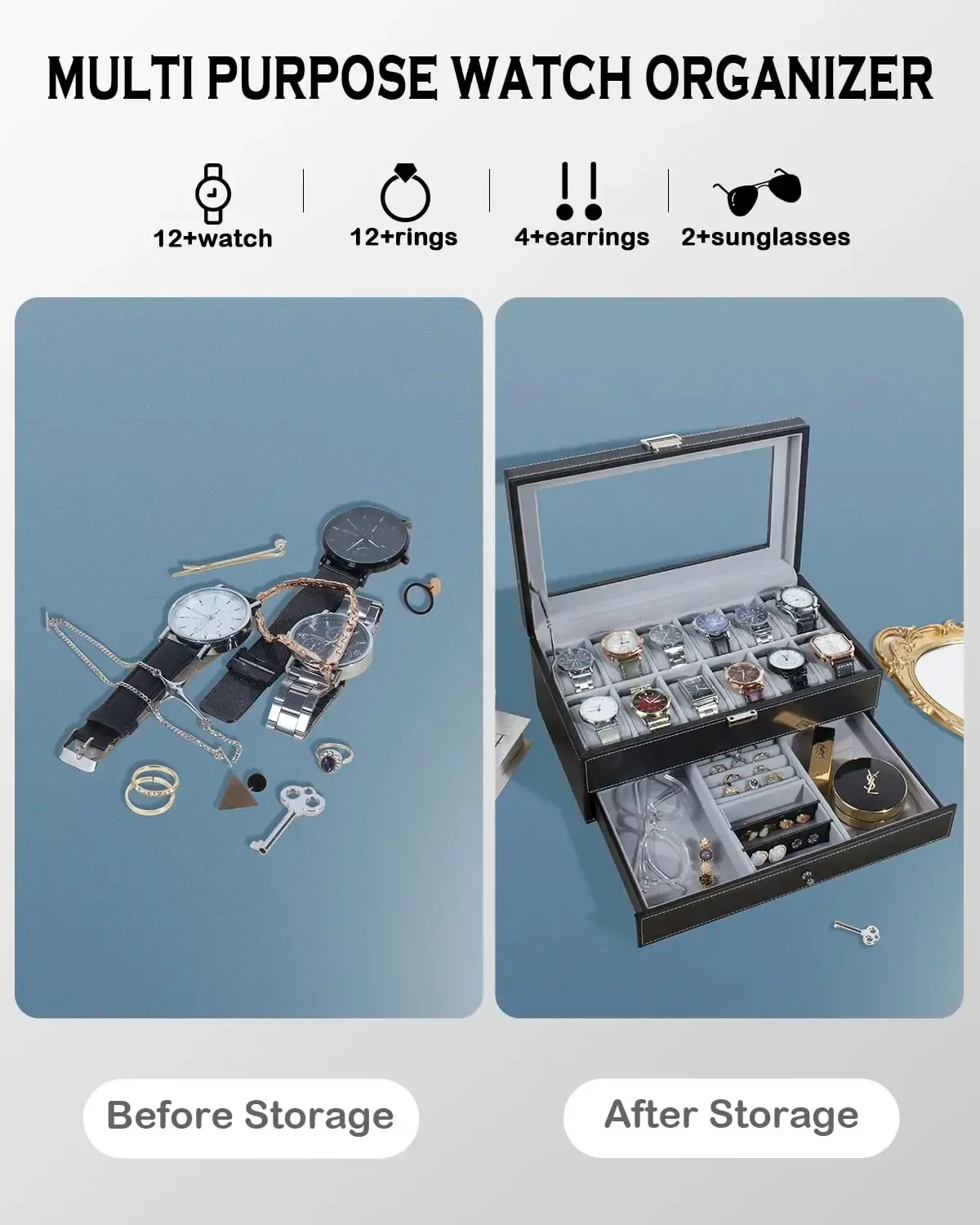 12Slot Kotak Jam Tangan Kulit PU Organizer Tampilan Jam Tangan & 6 Kotak Organizer Kacamata Kotak Perhiasan Laci Kaca Ulang Tahun untuk Pria Wanita