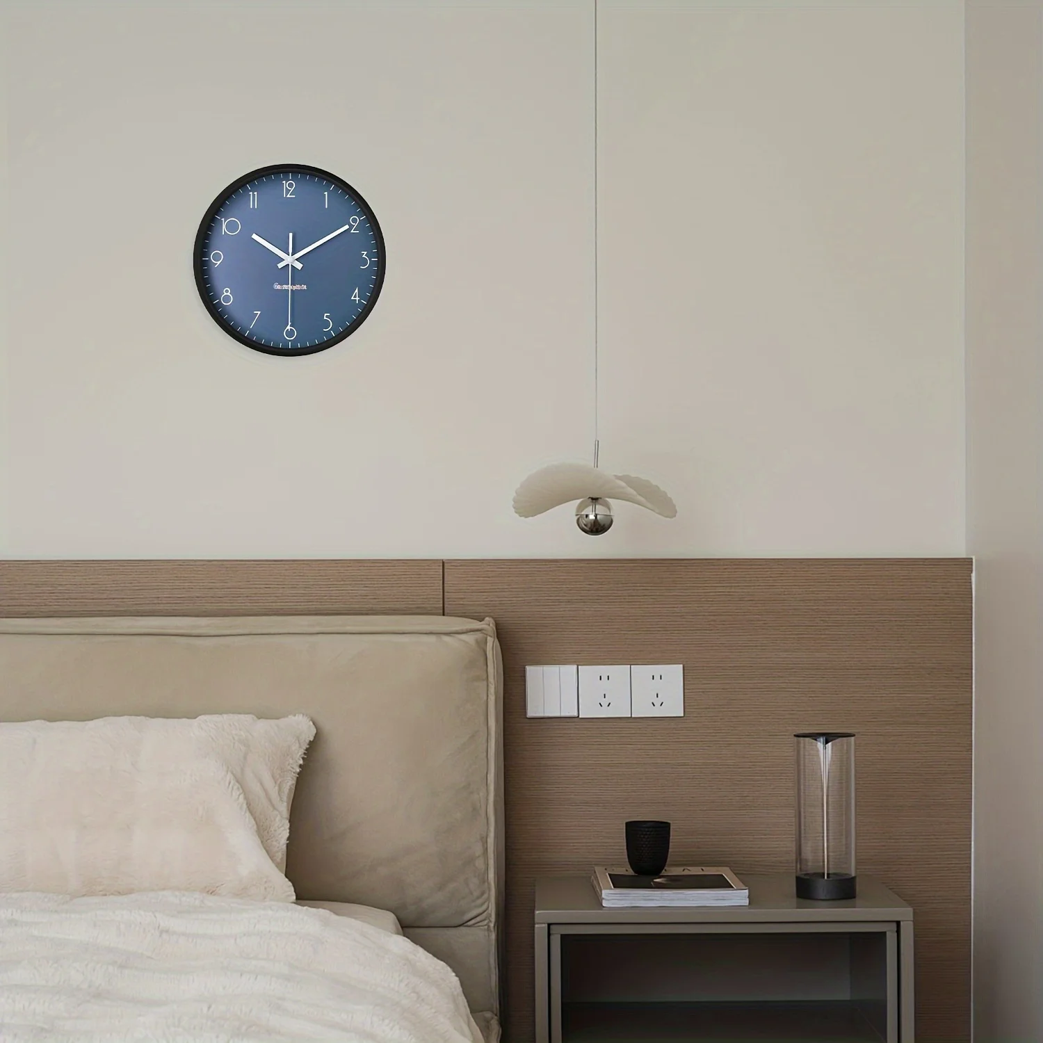 8inch Modern Simple Dark Blue Pure Color Background Pattern Plastic Glass Wall Clock Living Room Bedroom Kitchen Home Decoration Wall Clock Silent Quartz Clock Holiday Gift (No Battery)