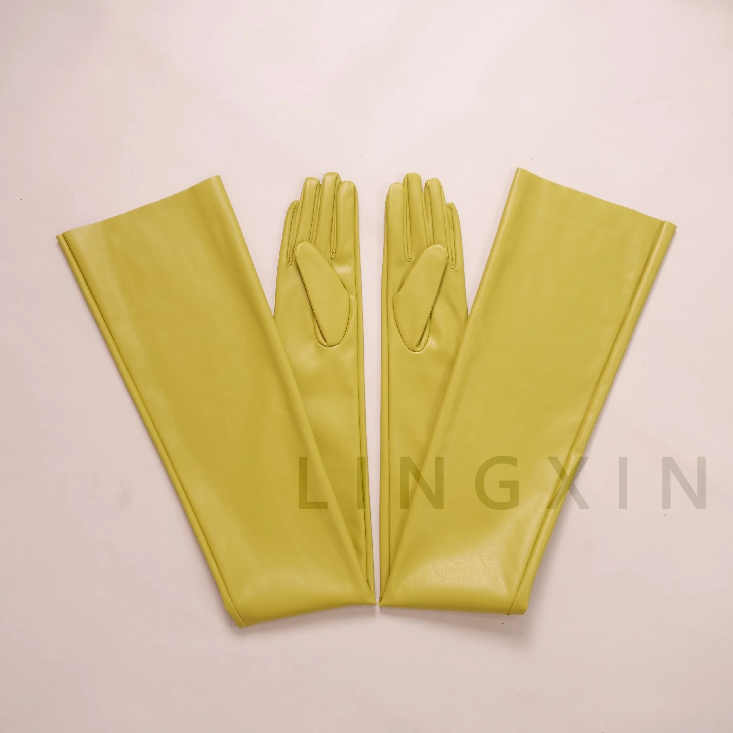 35 Zoll (90 cm) EXTRA LANGE HANDSCHUHE aus Kunstleder PU, schwarz, locker sitzend, Unisex, mit weitem Ärmel, im Neon-Fluoreszenz-Stil, in Fluoreszierendem Limettengrün – Detail 11