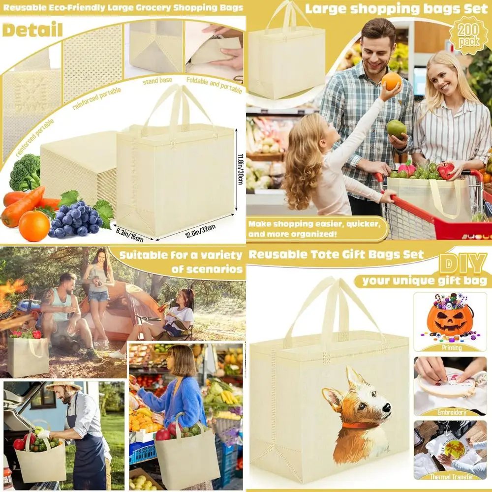 حقائب كبيرة غير منسوجة قابلة للطي مع مقابض، 12.6 × 11.8 × 6.3 بوصة، أكياس بقالة قابلة لإعادة الاستخدام للتسوق بالجملة