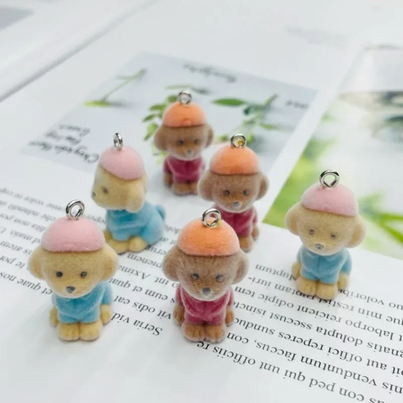 

30Pcs 3D Flocking Cute Hat Dog Charms Cartoon Resin Pet Dog Pendant Earring Keychain Accessories For DIY Crafts Jewelry Make