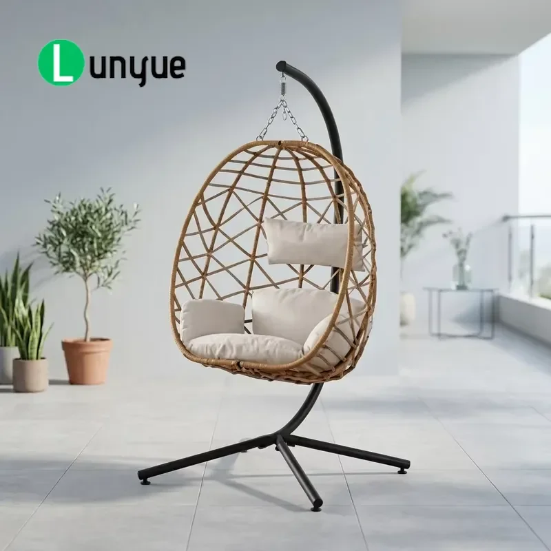 Wicker Rattan Hanging Egg Swing Chair with Cushion and Stand Outdoor Patio Poolside Backyard Terrace Leisure Furniture