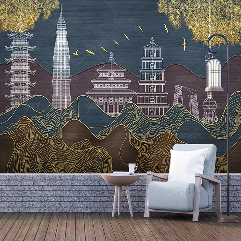 custom 3D New Chinese wallpaper gold line drawing landscape architecture TV sofa living room background wall mural bedroom 8d