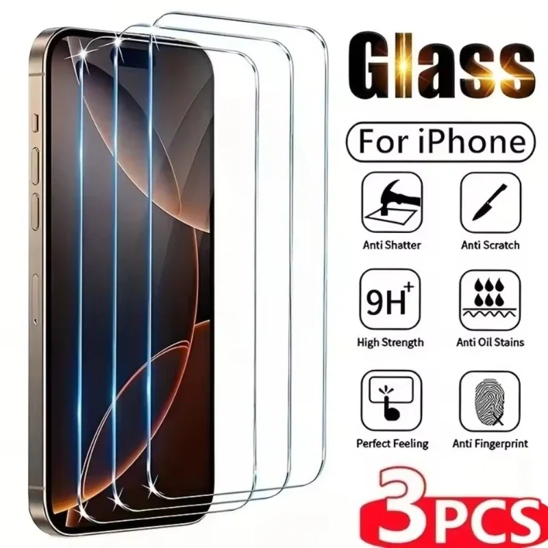 Protector de pantalla de vidrio templado de 3 piezas para iPhone X XS XR 11 12 13 14 15 16 17 Pro Max Mini Plus SE 3. a generación