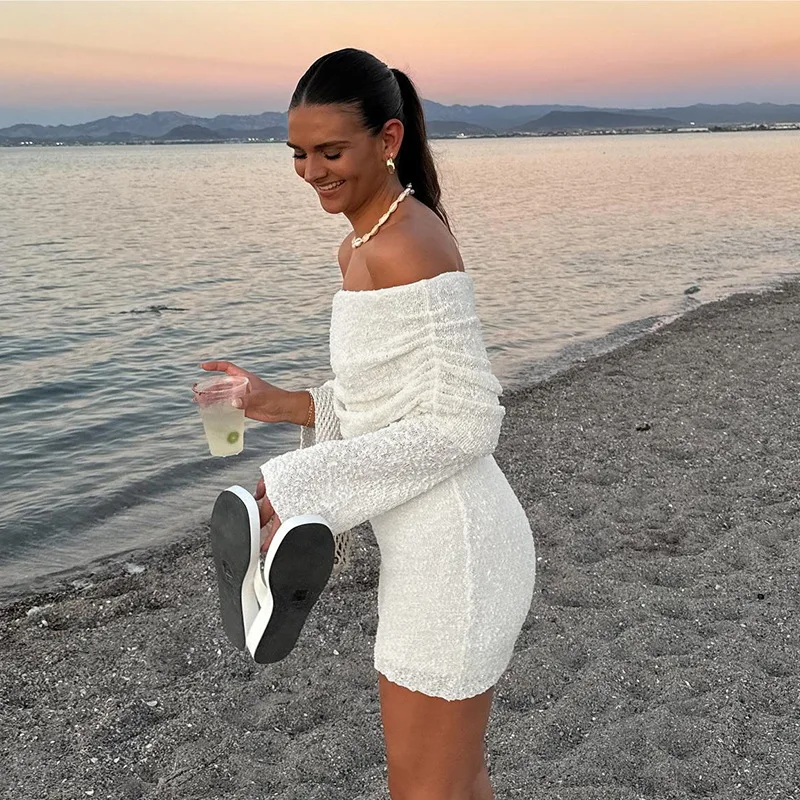 CHNMR Women Elegant See Through Soild Dress Female Hollow Out Off-Shoulder Long Sleeve Mini Dresses Casual Beach Party Vestidos