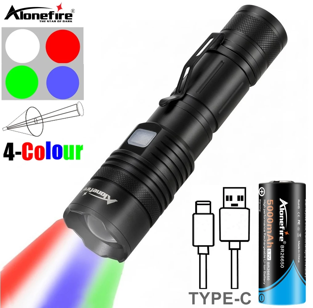 Zoom 4 in1 White/Red/Green/Blue LED Flashlight USB Rechargeable Fishing Camping Hunting Photography Selfie Hiking Torch X37