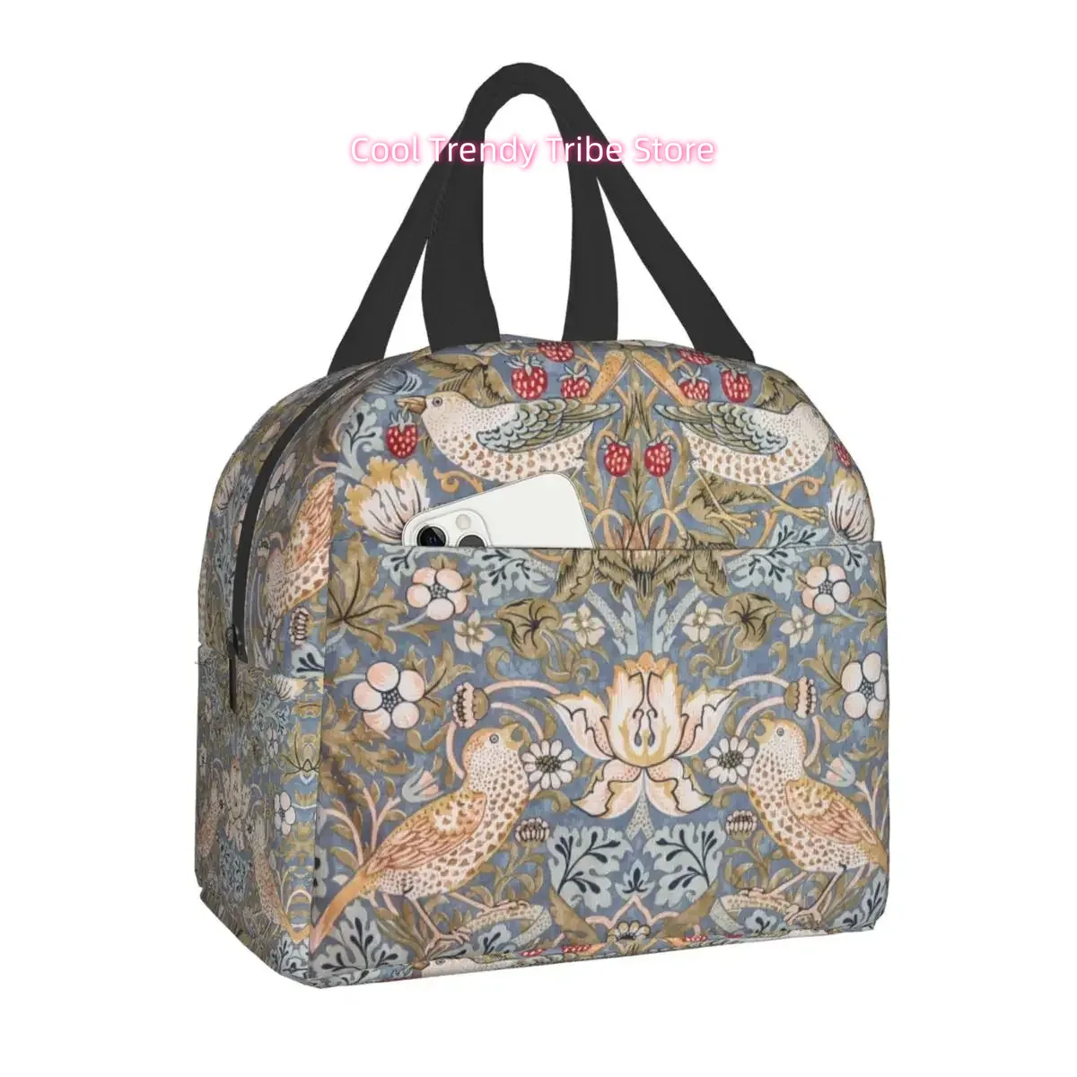 William Morris Vintage Floral Thermal Insulated Lunch Bag - Victorian-Inspired Oxford Cloth Lunch Box with Sturdy Handles, Leakp