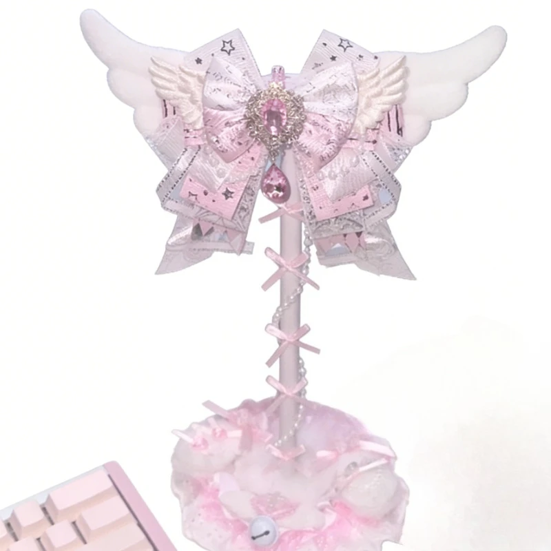 Nouveau support pour casque avec ailes d'ange mignonnes, nœud en dentelle rose personnalisé, support pour casque kawaii, décoration de bureau pour l'affichage des casques de jeu 3