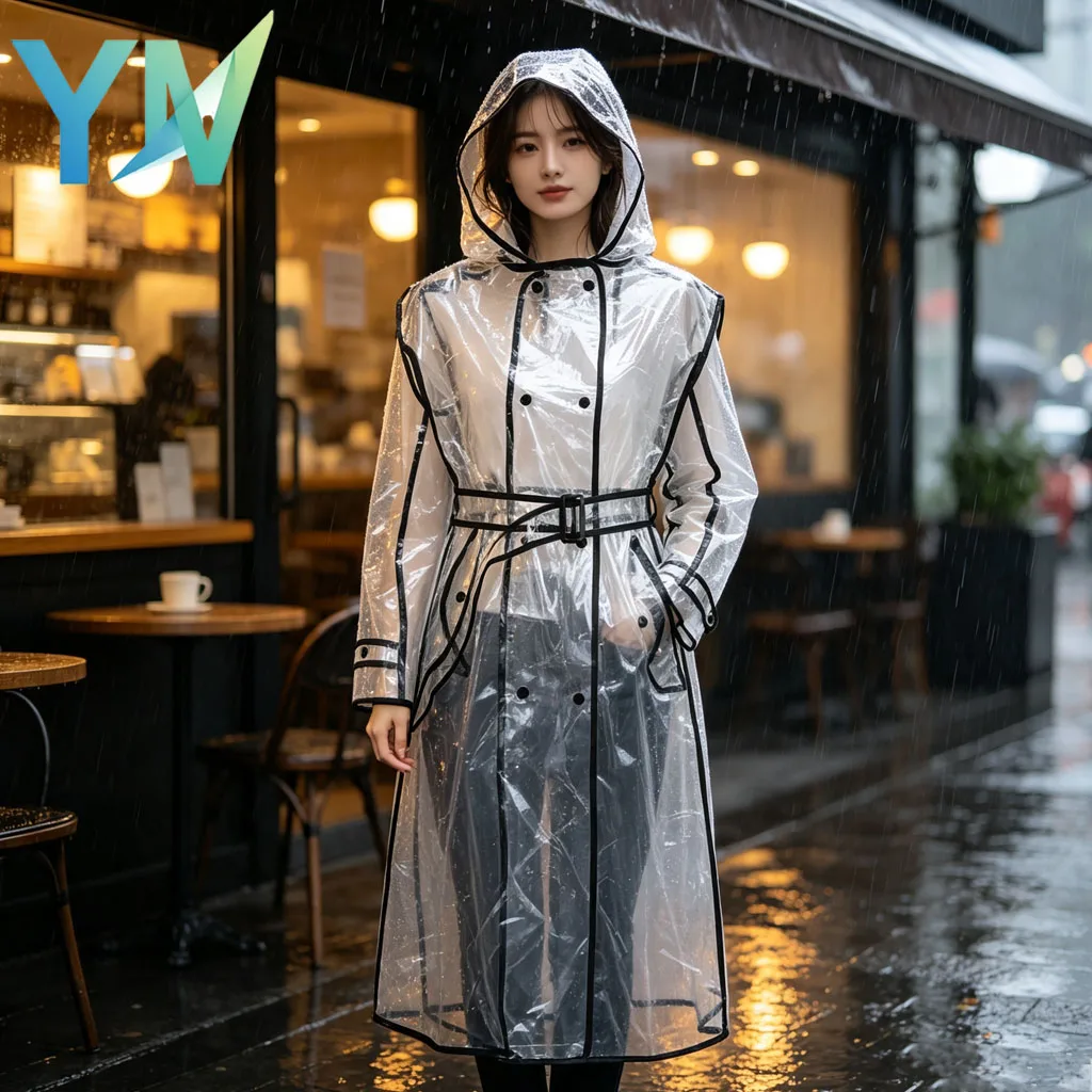 Korean Style Fashion Belted EVA Onepiece Raincoat Trench for Women Outdoor Adult Waterproof Transparent Lightweight Portable