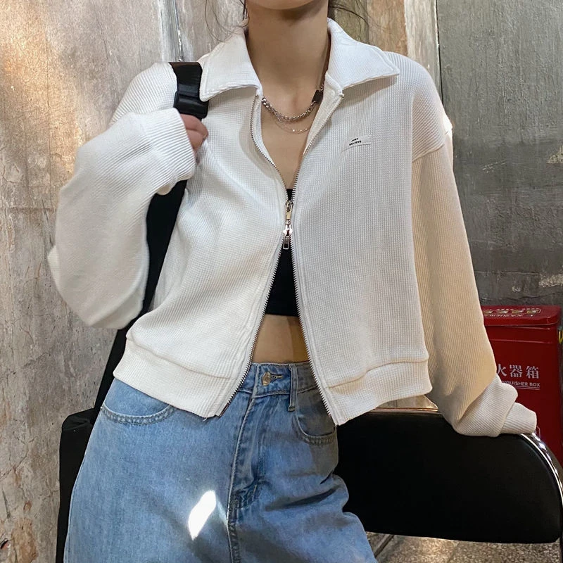 Cropped Sweatshirts Woman Korean Fashion Double-ended Zipper All-match Streetwear Students Casual Daily Outerwear Spring Chic