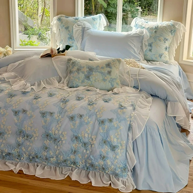 French Bedroom Three-dimensional Butterfly Four Piece Set Princess Style Lace Pure Cotton Duvet Cover Bed Sheet Bed Skirt Style