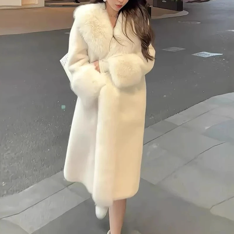 

Women Faux Fox Fur Coats Solid Jackets Turn Down Collar Long Sleeves Longline Loose Open Stitch Thick Casual 2025 Autumn Winter