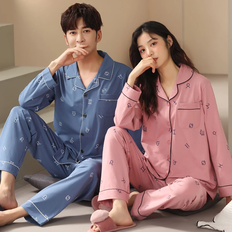 Spring and Autumn Couple Pajama Set Long Sleeve Cotton Leisure Men and Women Turn-down Collar Pyjamas