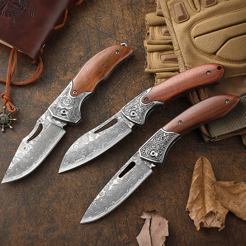 WXCOO Folding Knife Damascus Pattern Durable Pocket Knife Kitchen Accessories Fruit Vegetable Kitchen Meat Cleaver Fruit Knife