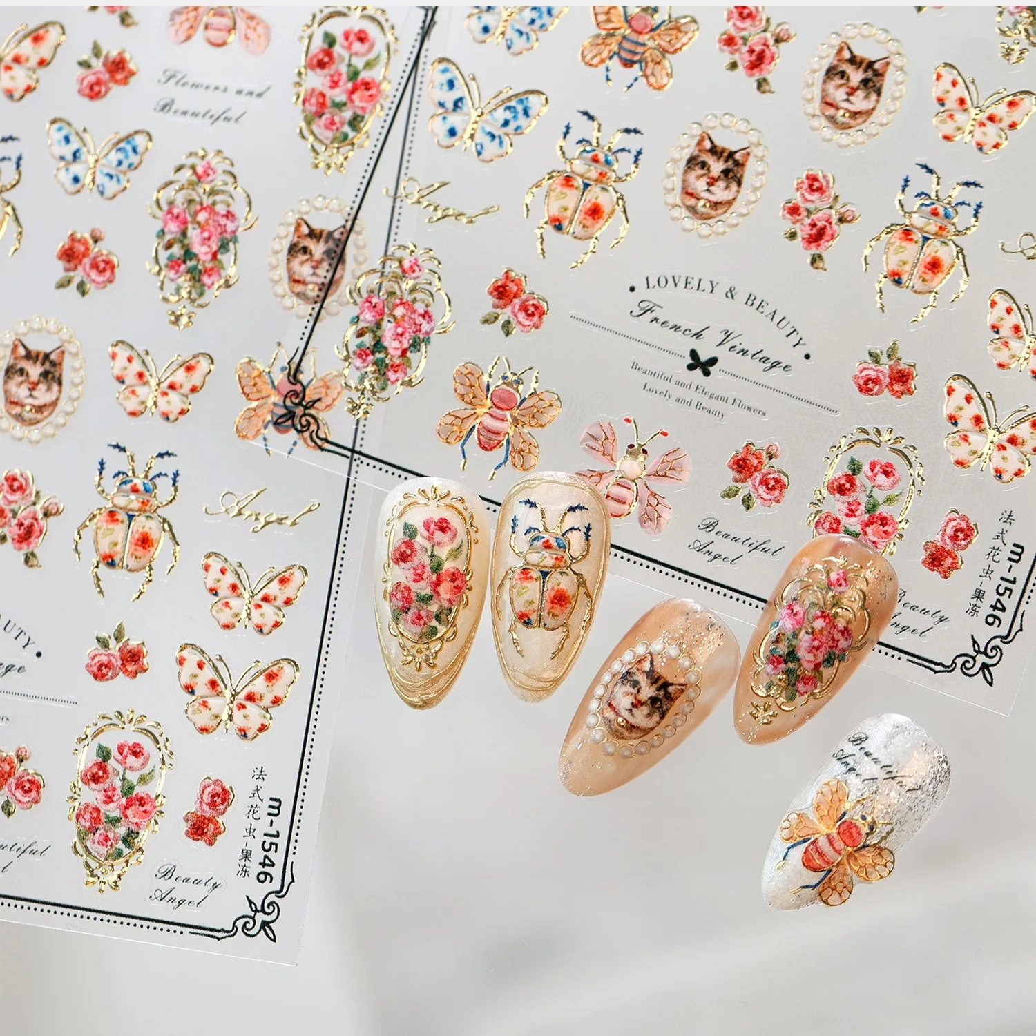 French Vintage Oil Painting 5D Nail Stickers Cat Butterfly Ladybug Beetle Rose Flower Animal Photo Frame Self Adhesive Manicure