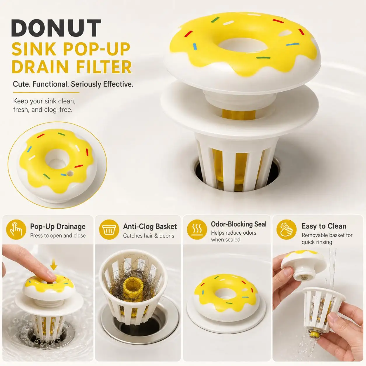 Cute Donut Plastic Basin Pop Up Drain Stopper, Press Type Anti Odor Sink Plug For Bathroom Washbasin