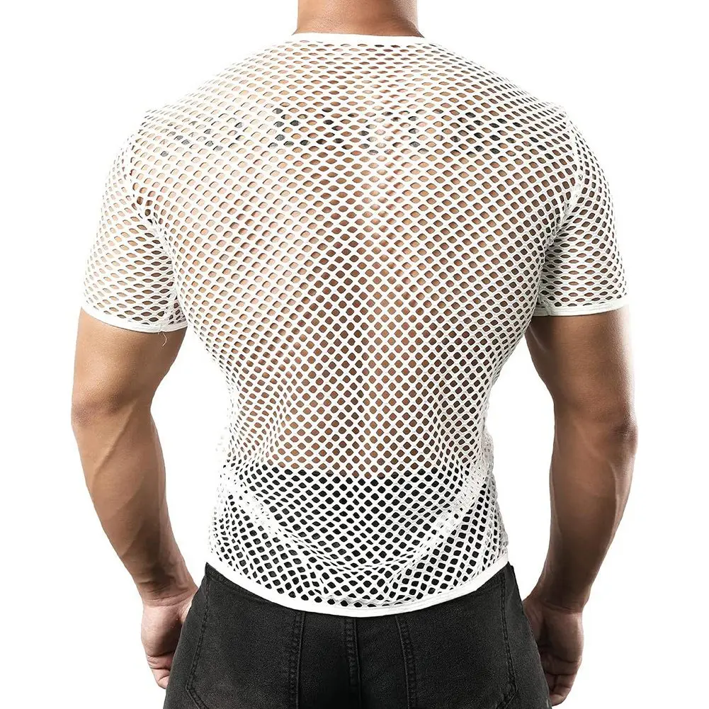 Mens Transparent Sexy Breathable Mesh Short Sleeve T-Shirt See Through Fishnet Party Top Comfortable Clubwear