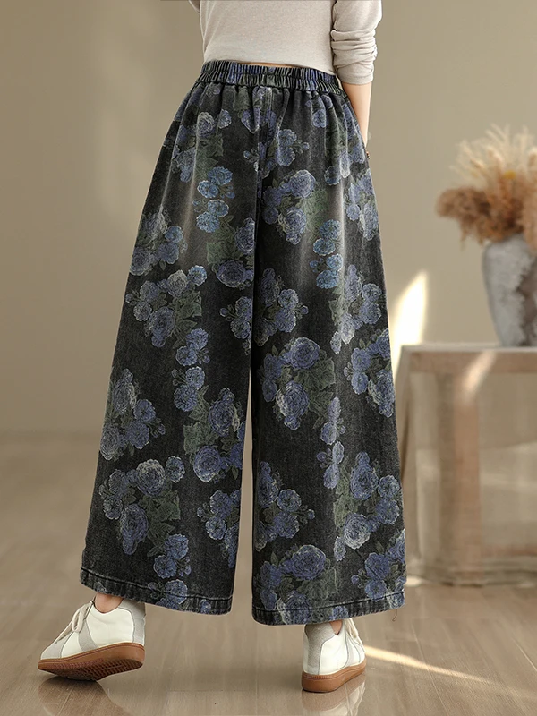 Neue Chinesische Sle Personalisierte Druck Breite Bein Jeans frauen Lose Fit plus Größe Gerade Geschnitten Hosen Retro Baumwolle Polyester