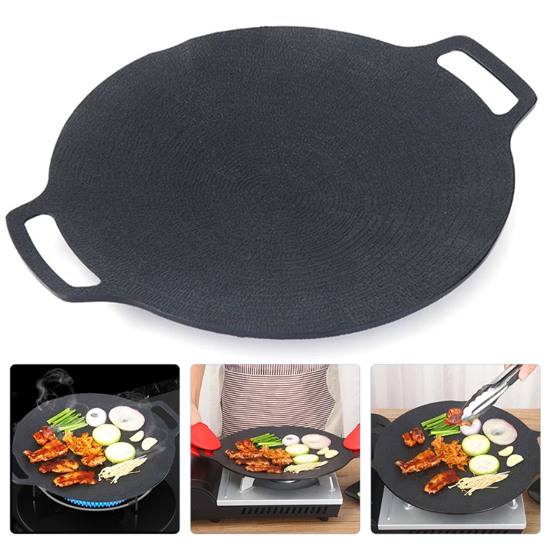 30/36cm Thick Cast Iron Frying Pan Flat Pancake Griddle Uncoated Non-stick Bbq Grill Maifan stone barbecue plate