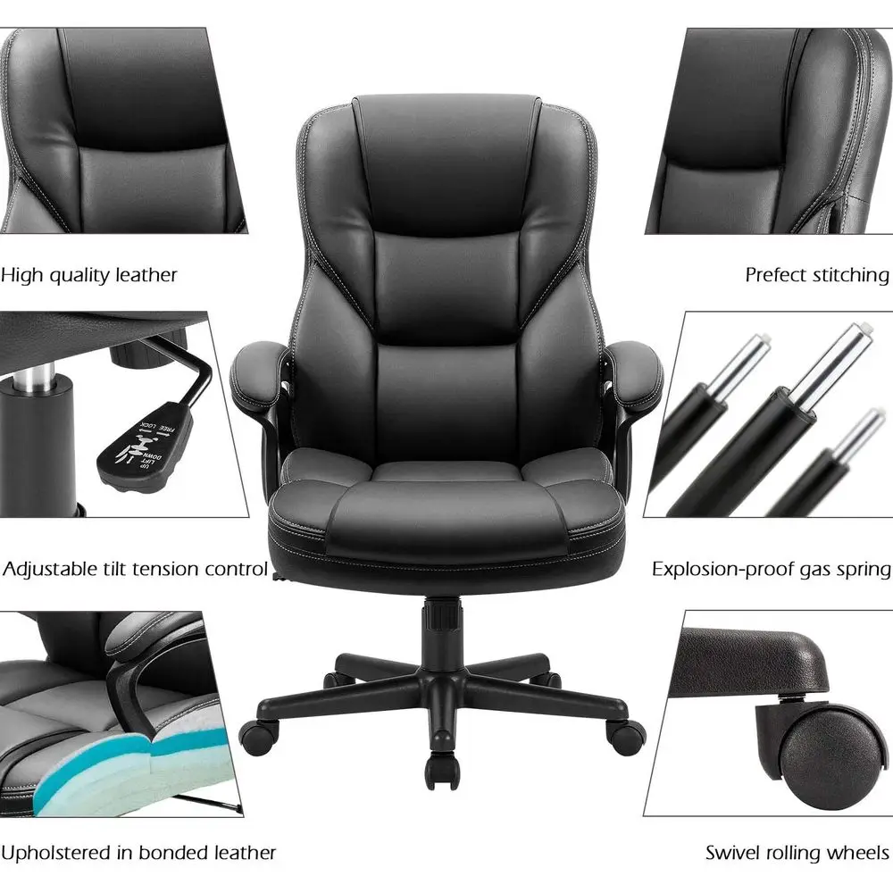 High-Back Swivel PU Leather Office Chair with Adjustable Lumbar Support for Home Desk Use - view 4