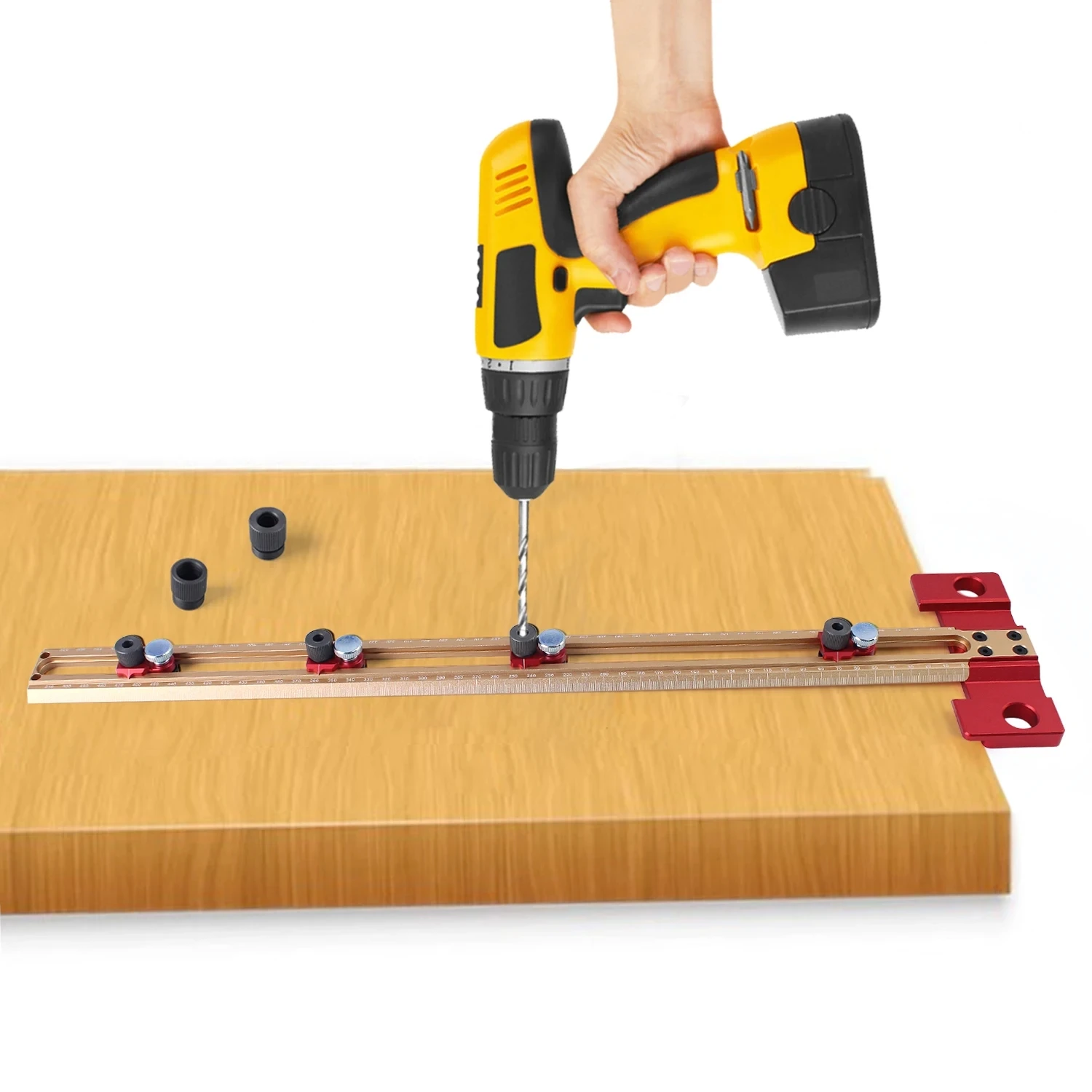 2 in 1 Drilling Positioning Ruler Aluminum Alloy Scriber Marking Gauge with 6/8/10mm Drill Sleeve Multifunctional T Square Ruler