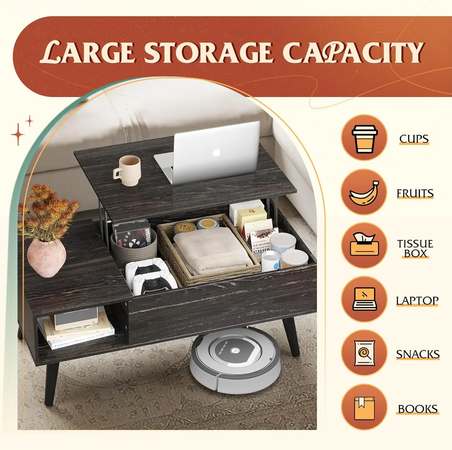 Meja Kopi untuk Ruang Tamu, Meja Kopi dengan Penyimpanan dan Bagian Atas yang Dapat Diangkat, Meja Makan Kayu Kecil dengan Penyimpanan