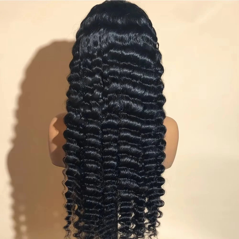 13x4 Deep Wave Lace Front Wigs Human Hair 200% Density 18 Inch Curly Human Hair Wig for Women Natural Black HD Transparent Lace