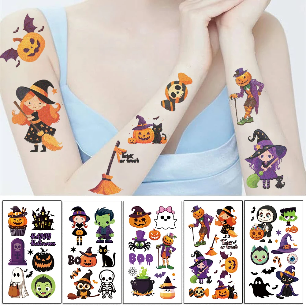 10PCS Halloween Tattoo Stickers Cartoon Pumpkin Children Arm Face Makeup Funny Tattoo Terror Spider Zombie Tattoo Sticker Decor