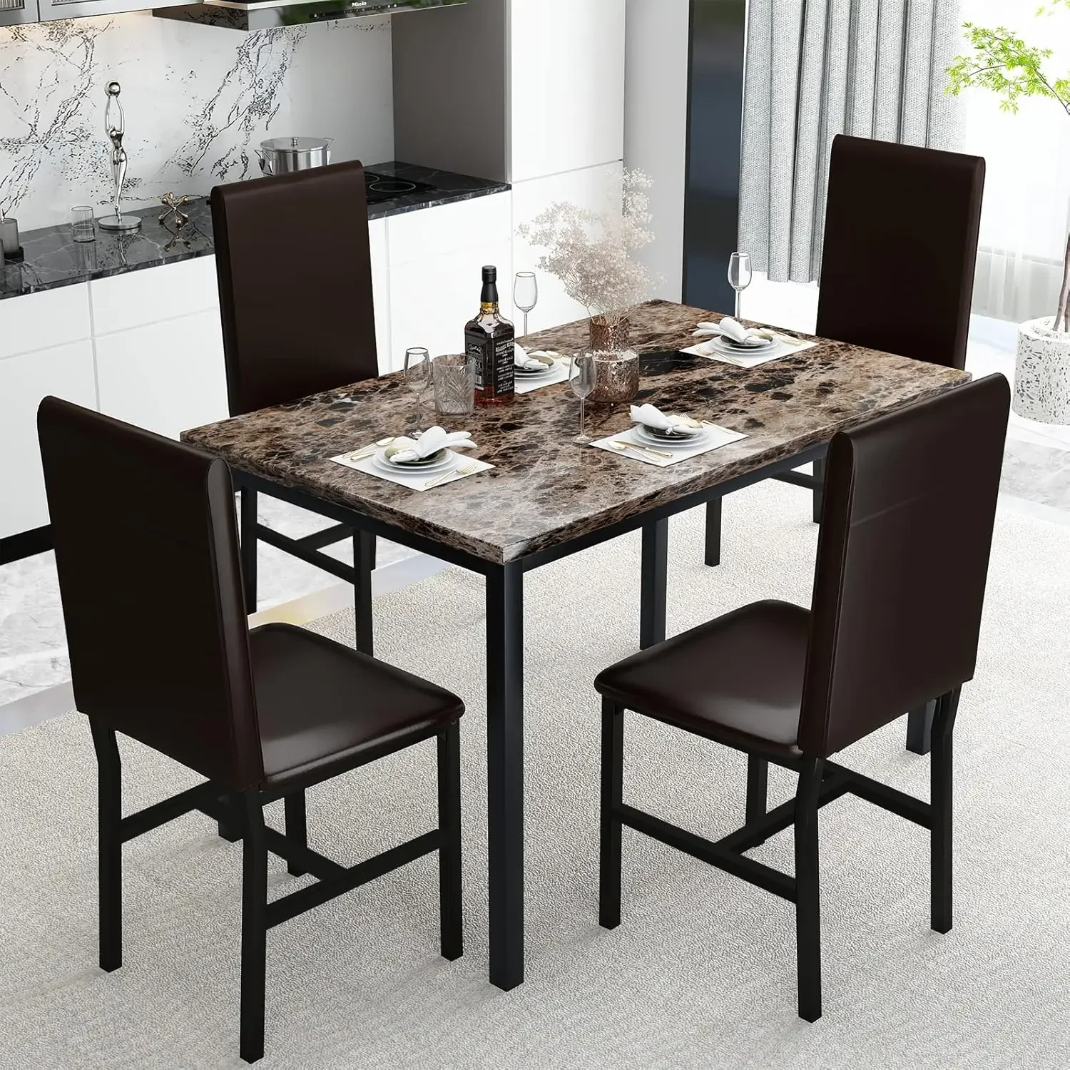 5 Piece Dining Table Set for 4,Faux Marble Kitchen Table and Chairs for 4, Modern Dining Room Table Set with 4 Chairs,