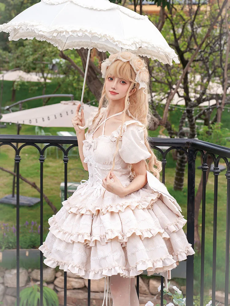 Original lolita Dress Sweet Cute Puffs Rose OP Bow tail Elegant gorgeous Princess cake dress