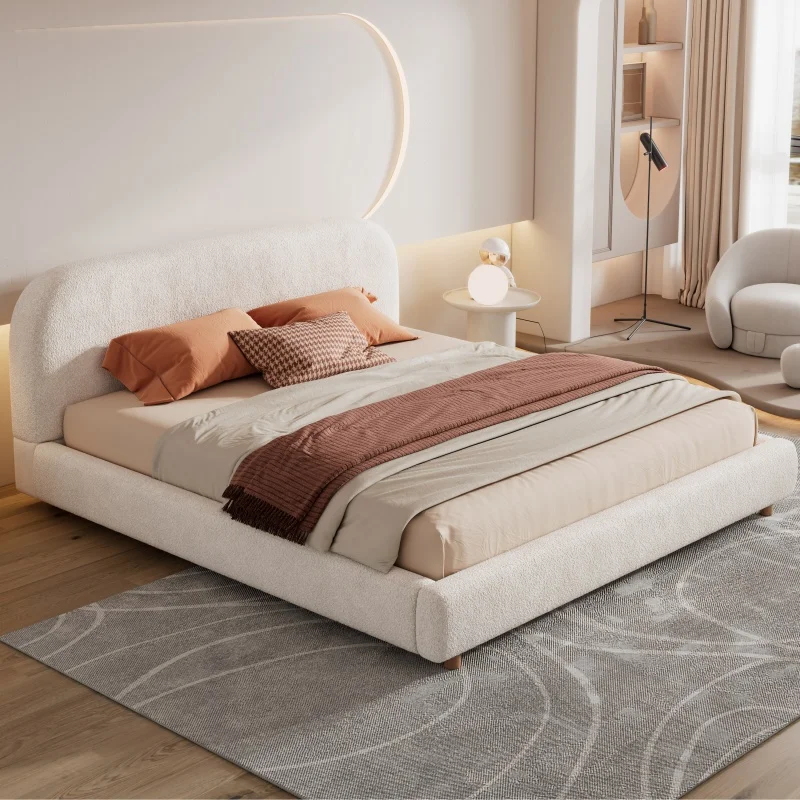 #Modern Beige Boucle Morden Home Furniture Bedroom Double Plywood Fabric Bed