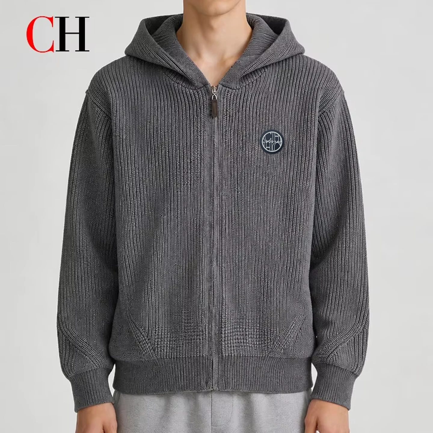 CH Men Knitted Hoodie Sweater Full Zip Cardigan Ribbed Pullover Long Sleeve Casual Loose Fit Autumn Winter Streetwear