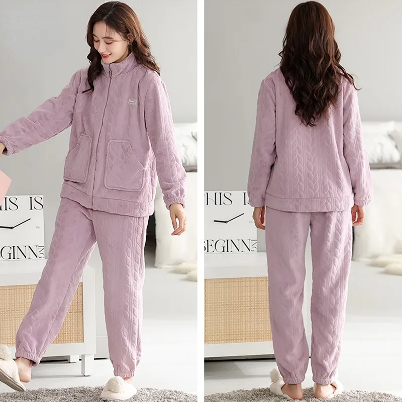 2024 New Autumn Winter Coral Velvet Pajamas Women Warm Thickened Sleepwear High Neck Zipper Double Fleece Flannel Loungewear Set