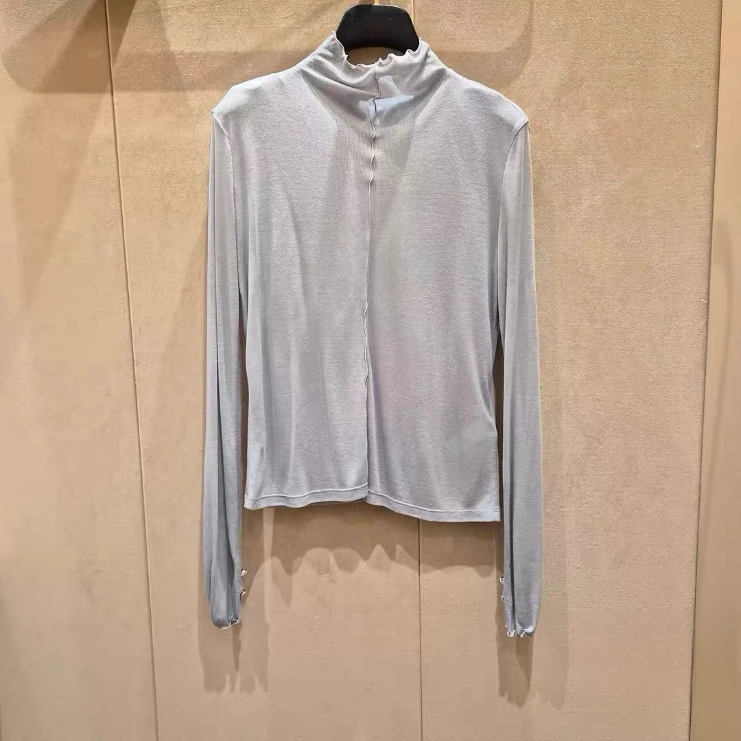 Slimming Effect High Collar Micro Transparent Fashionable Base Shirt Lemon Cheese MIN26 Autumn Casual Style Women's Top