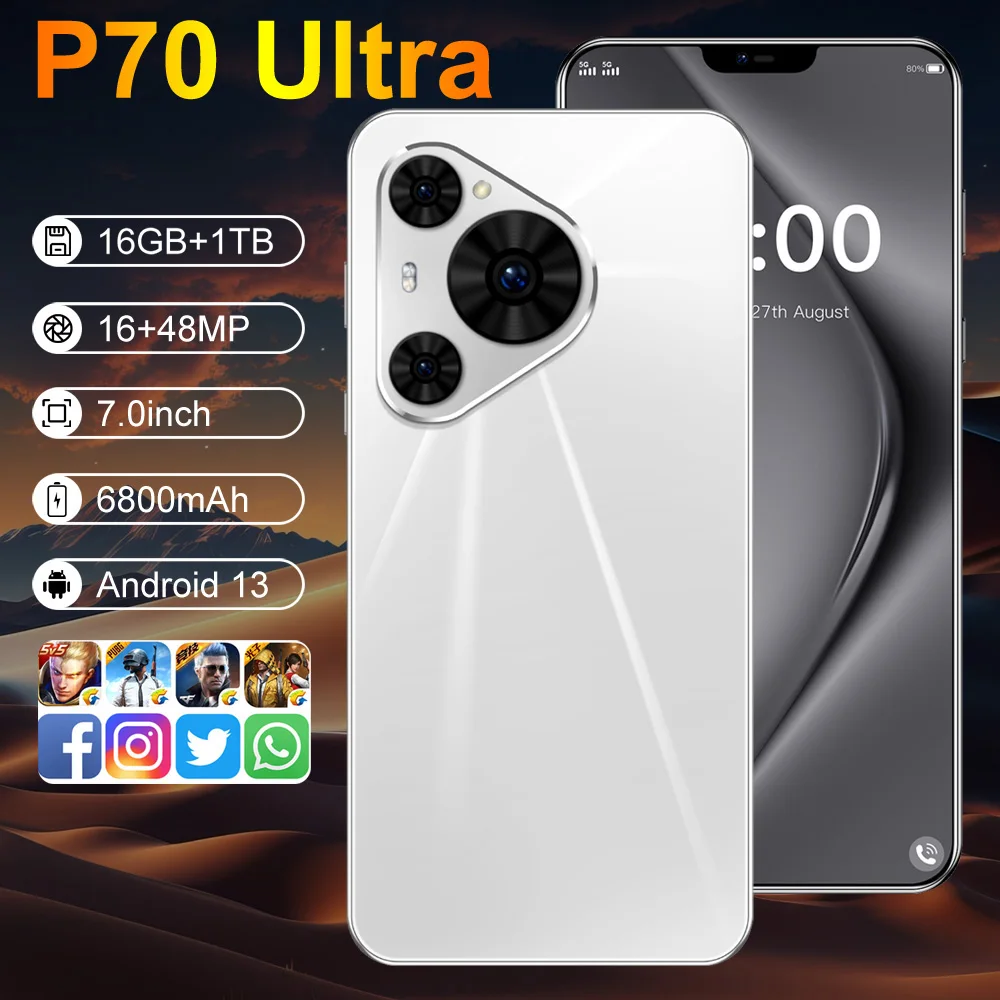 

2025 НОВЫЙ P70 Ultra 7.3HD Global Edition ГОРЯЧИЙ Оригинальный 5G Smart Dual Card Аккумулятор 7800 мАч Android 14 Функция распознавания лиц